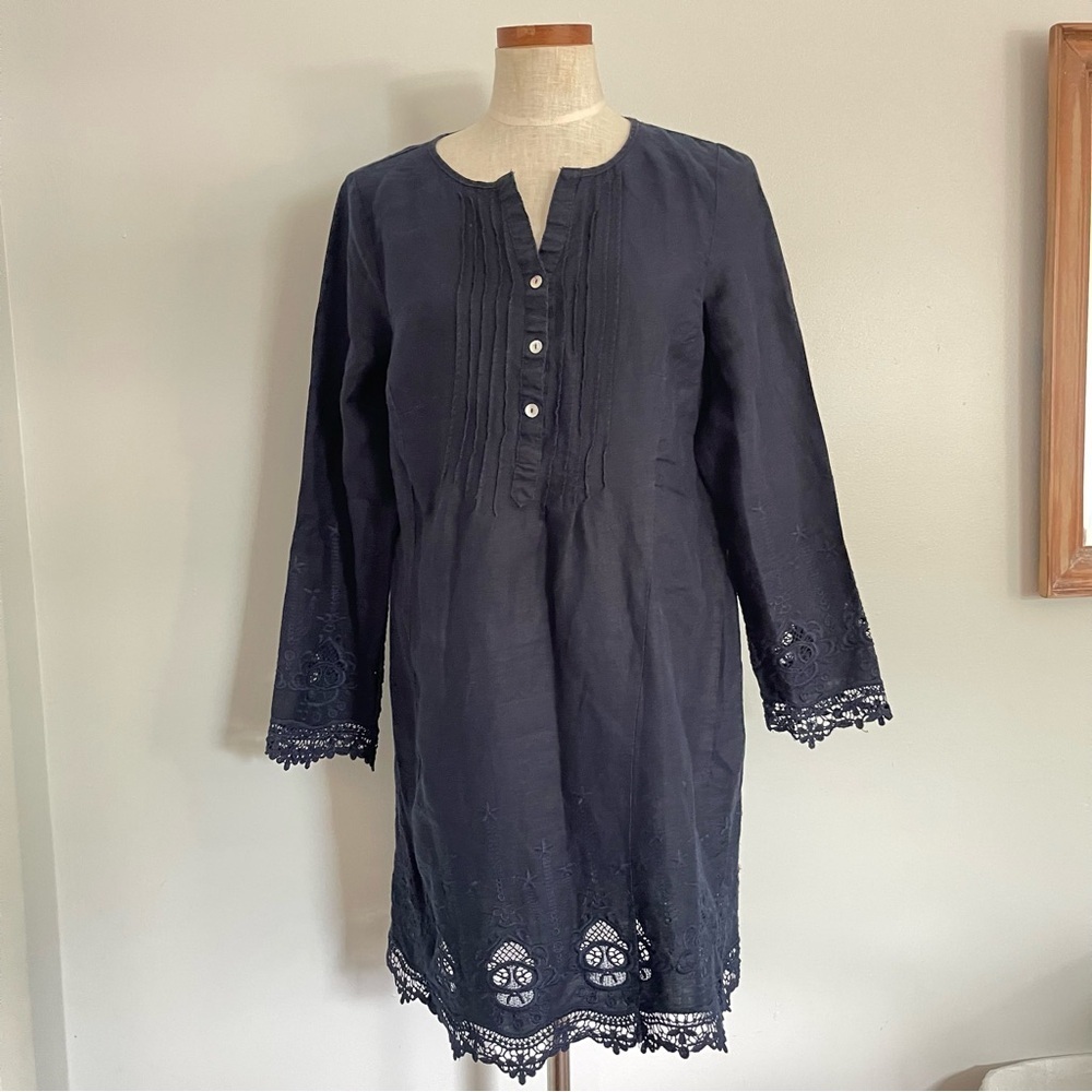 Malvin dark navy blue embroidered Linen tunic dress XL